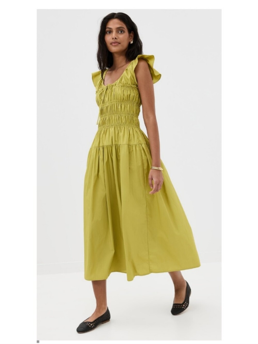 Moon River Ruffle Sleeve Shirred Midi Dress